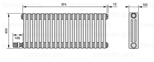 Схема (чертеж) Радиатор Zehnder Charleston 3060/19 №V003 Белый глянцевый RAL 9016